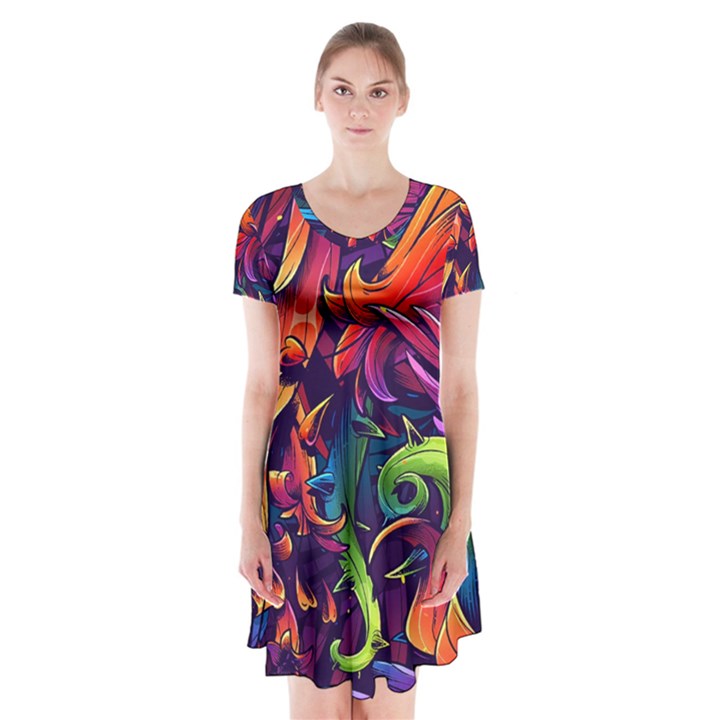 Colorful Floral Patterns, Abstract Floral Background Short Sleeve V-neck Flare Dress