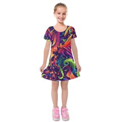 Colorful Floral Patterns, Abstract Floral Background Kids  Short Sleeve Velvet Dress by nateshop