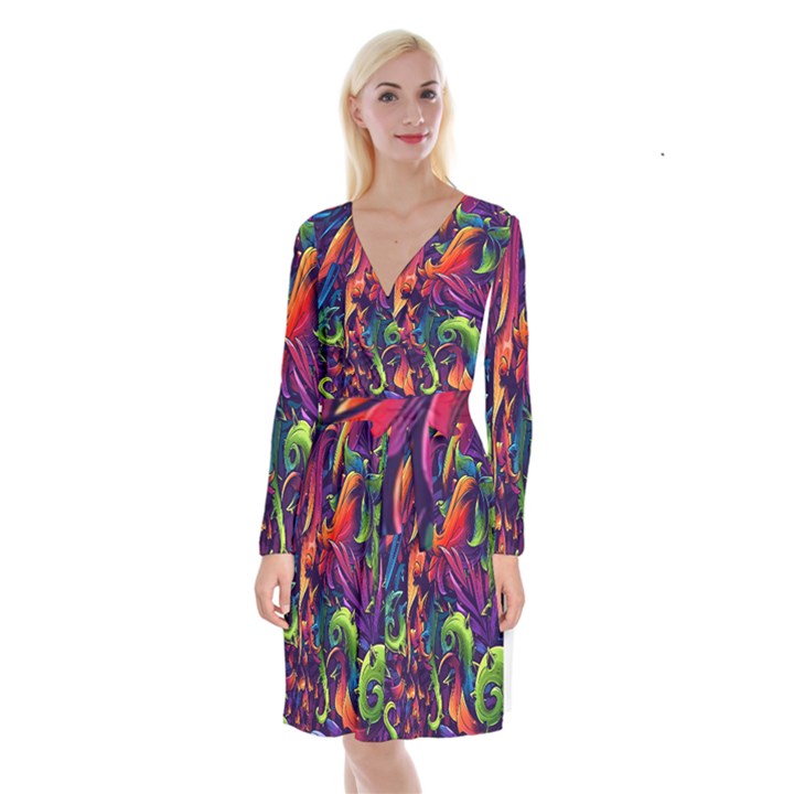 Colorful Floral Patterns, Abstract Floral Background Long Sleeve Velvet Front Wrap Dress