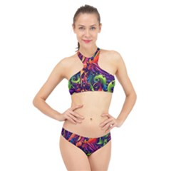 Colorful Floral Patterns, Abstract Floral Background High Neck Bikini Set by nateshop