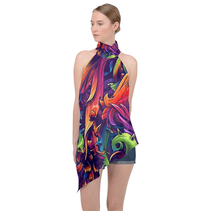 Colorful Floral Patterns, Abstract Floral Background Halter Asymmetric Satin Top