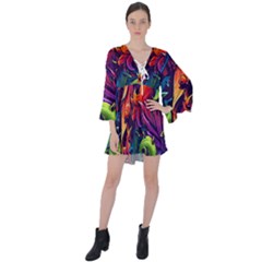 Colorful Floral Patterns, Abstract Floral Background V-neck Flare Sleeve Mini Dress by nateshop