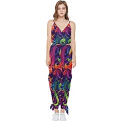 Colorful Floral Patterns, Abstract Floral Background Sleeveless Tie Ankle Chiffon Jumpsuit