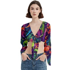 Colorful Floral Patterns, Abstract Floral Background Trumpet Sleeve Cropped Top