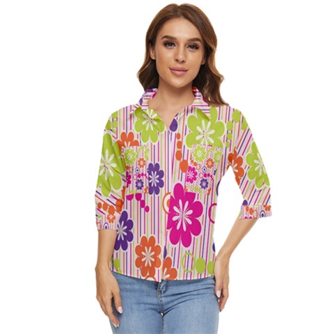 Colorful Flowers Pattern Floral Patterns Women s Quarter Sleeve Pocket Shirt by nateshop