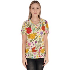 Colorful Flowers Pattern, Abstract Patterns, Floral Patterns Women s V-neck Scrub Top by nateshop