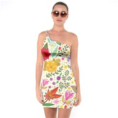 Colorful Flowers Pattern, Abstract Patterns, Floral Patterns One Shoulder Ring Trim Bodycon Dress