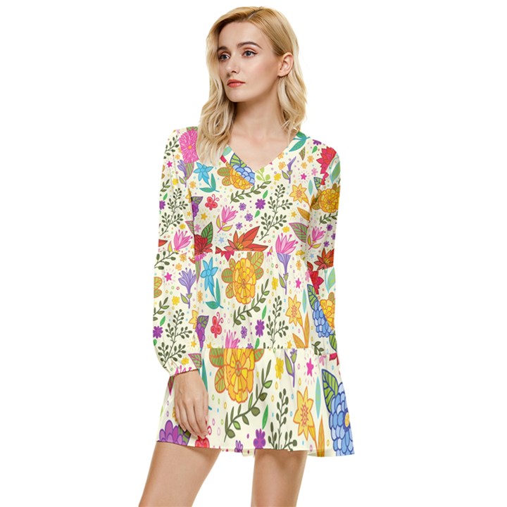 Colorful Flowers Pattern, Abstract Patterns, Floral Patterns Tiered Long Sleeve Mini Dress