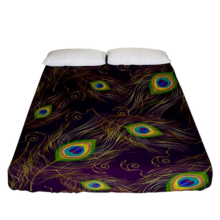 Feathers, Peacock, Patterns, Colorful Fitted Sheet (Queen Size)