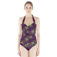 Feathers, Peacock, Patterns, Colorful Halter Swimsuit by nateshop