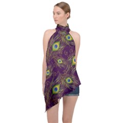 Feathers, Peacock, Patterns, Colorful Halter Asymmetric Satin Top