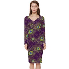 Feathers, Peacock, Patterns, Colorful Long Sleeve V-neck Bodycon Dress  by nateshop