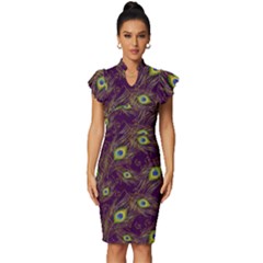 Feathers, Peacock, Patterns, Colorful Vintage Frill Sleeve V-neck Bodycon Dress by nateshop