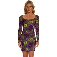 Feathers, Peacock, Patterns, Colorful Long Sleeve Square Neck Bodycon Velvet Dress by nateshop