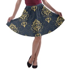 Floral Damask Pattern Texture, Damask Retro Background A-line Skater Skirt by nateshop