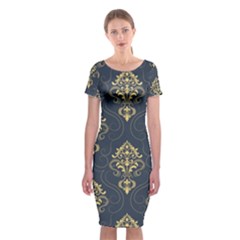 Floral Damask Pattern Texture, Damask Retro Background Classic Short Sleeve Midi Dress by nateshop