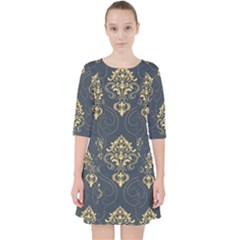 Floral Damask Pattern Texture, Damask Retro Background Quarter Sleeve Pocket Dress by nateshop