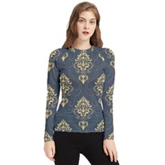 Floral Damask Pattern Texture, Damask Retro Background Women s Long Sleeve Rash Guard by nateshop