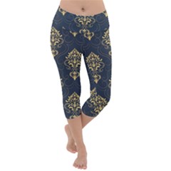 Floral Damask Pattern Texture, Damask Retro Background Lightweight Velour Capri Yoga Leggings by nateshop