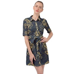 Floral Damask Pattern Texture, Damask Retro Background Belted Shirt Dress by nateshop