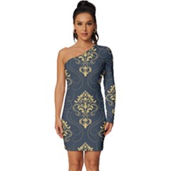 Floral Damask Pattern Texture, Damask Retro Background Long Sleeve One Shoulder Mini Dress