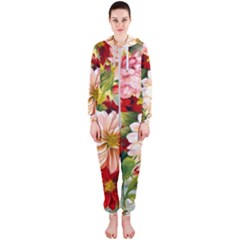 Painted Flowers Texture, Floral Background Hooded Jumpsuit (ladies)