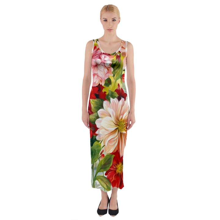 Painted Flowers Texture, Floral Background Fitted Maxi Dress