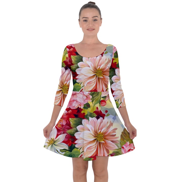 Painted Flowers Texture, Floral Background Quarter Sleeve Skater Dress