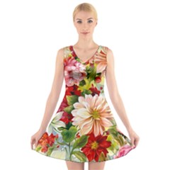 Painted Flowers Texture, Floral Background V-neck Sleeveless Dress