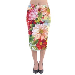 Painted Flowers Texture, Floral Background Velvet Midi Pencil Skirt by nateshop