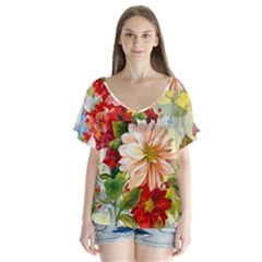 Painted Flowers Texture, Floral Background V-neck Flutter Sleeve Top by nateshop