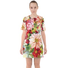 Painted Flowers Texture, Floral Background Sixties Short Sleeve Mini Dress by nateshop