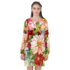 Painted Flowers Texture, Floral Background Long Sleeve Chiffon Shift Dress  by nateshop