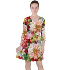 Painted Flowers Texture, Floral Background Quarter Sleeve Ruffle Waist Dress by nateshop