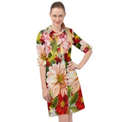 Painted Flowers Texture, Floral Background Long Sleeve Mini Shirt Dress by nateshop