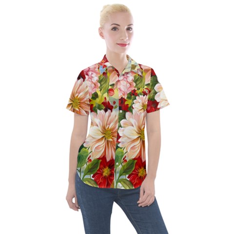 Painted Flowers Texture, Floral Background Women s Short Sleeve Pocket Shirt by nateshop