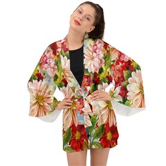 Painted Flowers Texture, Floral Background Long Sleeve Kimono