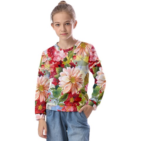 Painted Flowers Texture, Floral Background Kids  Long Sleeve T-shirt With Frill  by nateshop