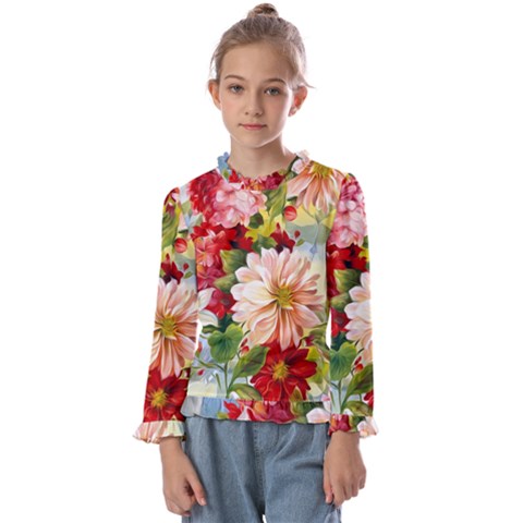 Painted Flowers Texture, Floral Background Kids  Frill Detail T-shirt by nateshop