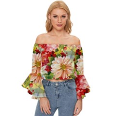 Painted Flowers Texture, Floral Background Off Shoulder Flutter Bell Sleeve Top by nateshop