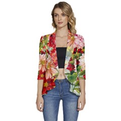 Painted Flowers Texture, Floral Background Women s 3/4 Sleeve Ruffle Edge Open Front Jacket by nateshop