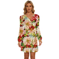 Painted Flowers Texture, Floral Background Long Sleeve Waist Tie Ruffle Velvet Dress by nateshop