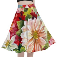 Painted Flowers Texture, Floral Background A-line Full Circle Midi Skirt With Pocket