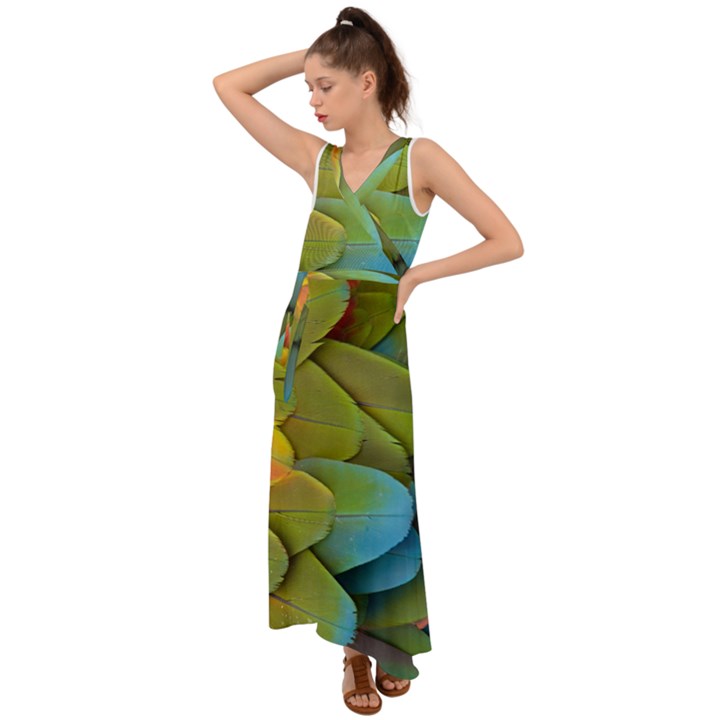 Parrot Feathers Texture Feathers Backgrounds V-Neck Chiffon Maxi Dress