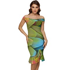 Parrot Feathers Texture Feathers Backgrounds Off Shoulder Ruffle Split Hem Bodycon Dress by nateshop