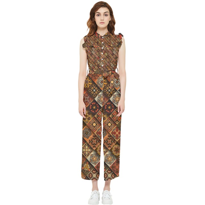 Pattern, Abstract, Texture, Mandala Women s Frill Top Chiffon Jumpsuit