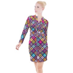 Pattern, Colorful, Floral, Patter, Texture, Tiles Button Long Sleeve Dress by nateshop