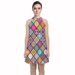 Pattern, Colorful, Floral, Patter, Texture, Tiles Velvet Halter Neckline Dress  by nateshop