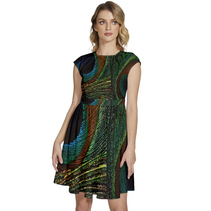 Peacock Feathers, Feathers, Peacock Nice Cap Sleeve High Waist Dress