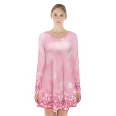 Pink Glitter Background Long Sleeve Velvet V-neck Dress